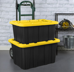 Set of 6 large Sterilite storage bins, 27-gallon capacity, with locking lids.