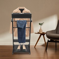 Suit Valet Stand Clothes Storage Shoe Organizer Coat Hanger Shoe Rack Black