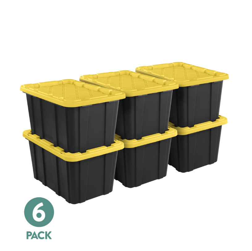Sterilite 27 Gallon Storage Tote Bin w/ Snap-On Lid Black/Yellow 6 Pack