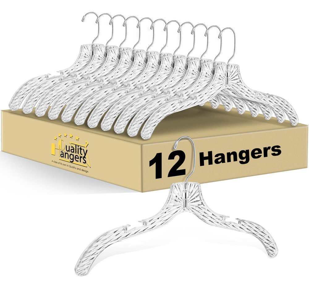 Quality Clear Plastic Hangers 12 Pack – Durable Crystal Cut Heavy Duty Hanger…
