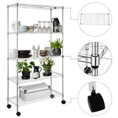 5-Tier Shelves Wire Unit Rack Large Space Storage Rolling with 4 Wheel Casters