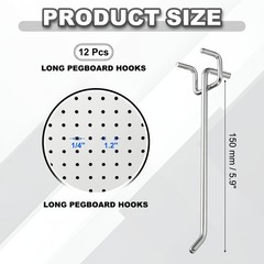 12 Pcs Pegboard Hooks, 5.9″ Peg Board Hooks Kit, Silver Tone (1.2mm)