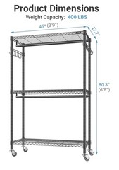 VIPEK Black Metal Clothes Rail Rack, Adjustable Shelves, Wheels, 45×17.7×80.3″