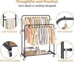 Double Rods Garment Rack with Wheels, Clothing Rack for Hanging Clothes,4 Hoo…