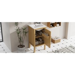 18 Inch Natural Wood Bathroom Vanity Cabinet with Ceramic Sink Adjustable Shelf
