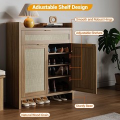 Boho Shoe Cabinet, 32 in Rattan Shoe Organizer with Doors and Drawer, Coffee …