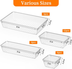 32 PCS Clear Plastic Drawer Organizer Set, 4-Size Vanity Organizer Trays and Sto