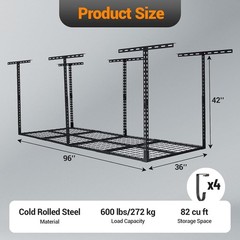 600LB Capacity Ceiling Storage Rack, 96x36in Steel, Adjustable Garage Organizer