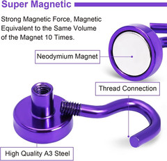 Magnetic Hooks, Heavy Duty Neodymium Magnet, 30Lbs Capacity, 10 Pack, Purple