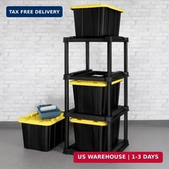 Sterilite 4 Tier Tote Rack, Vertical Plastic Organizer with 4 Pack 27 Gallon Ind