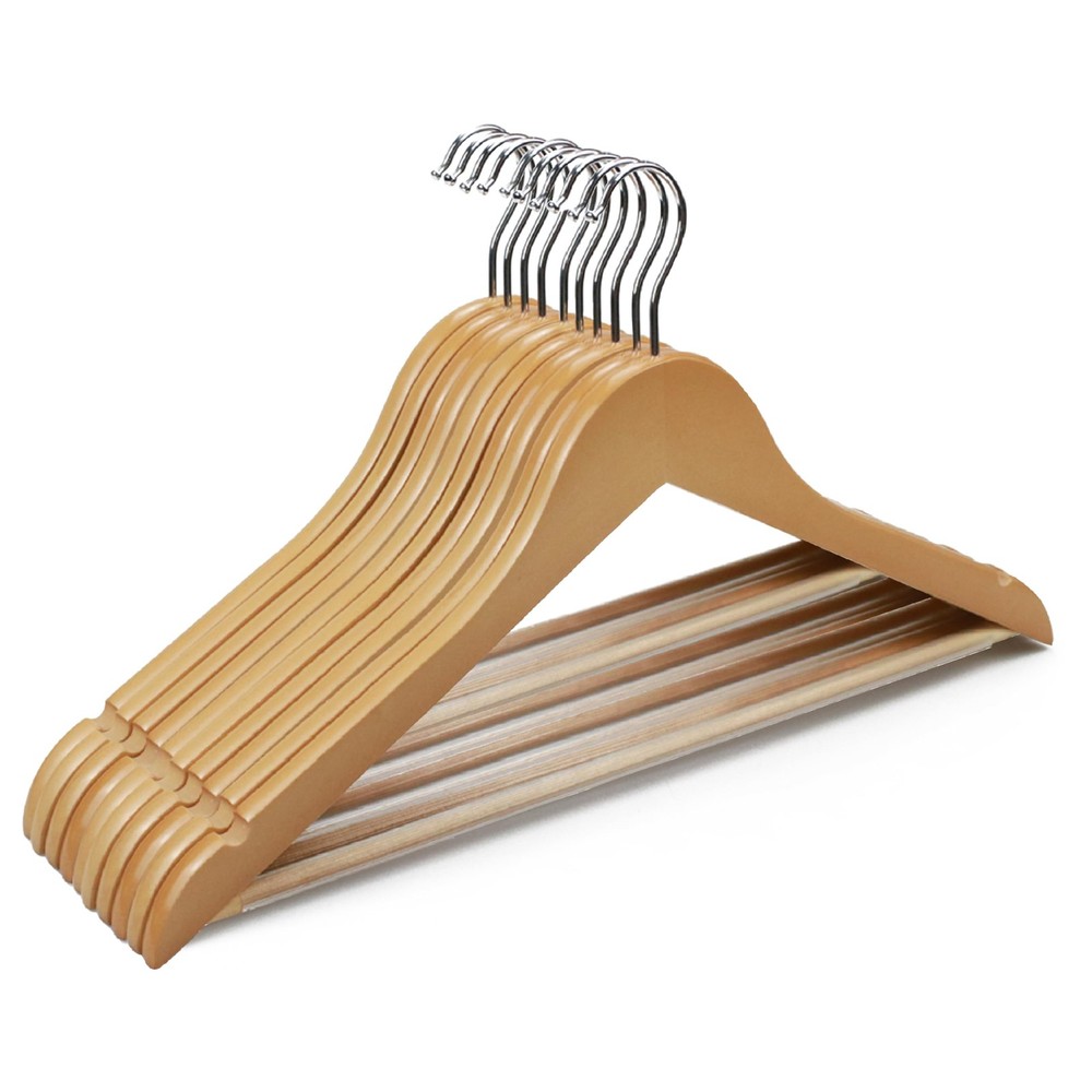 Premium Wooden Hangers 10 Pack, Solid Wood Hanger with Non Slip Pant Bar, Hea…