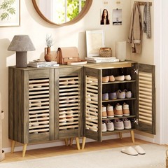 Shoe Cabinet w/2 Louvered Doors&3 Removable Shelves,5-Tier Narrow Cabinet Walnut