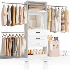 48”-96” Walk-in Closet Organizer System with Mirror ＆ Drawers ＆ 3 Hanging Rods