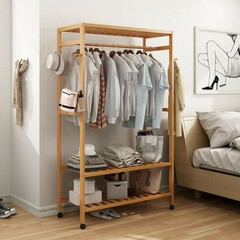 Bamboo Clothes Rail Scarf Cart Hanging Garment Coat Rack w 3 Tier Storage Shelf