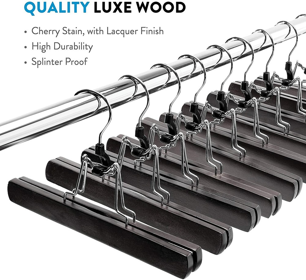 High-Grade Wooden Pants Hangers with Clips Non Slip Slack Skirt Hangers, 10 Pack