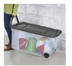 Extra Large 160 Quart Wheeled Bin 2 Pack Clear Latch Lid Pull Handle Gray