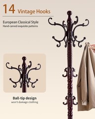 Solid Wood Freestanding Coat Rack Stand 14 Hooks Vintage Heavy Duty Entryway Jac