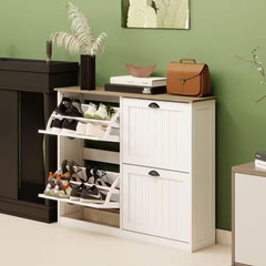 32 In. H X 40 In. W White Wood Slim Shoe Storage Cabinet with 4 Flip Drawers, Ad