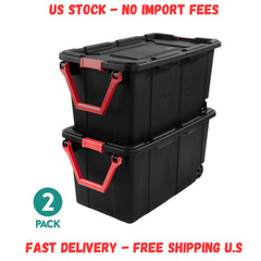 2 Pack Sterilite 40 Gallon Wheeled Storage Tote Black Latching Lid Pull Handle