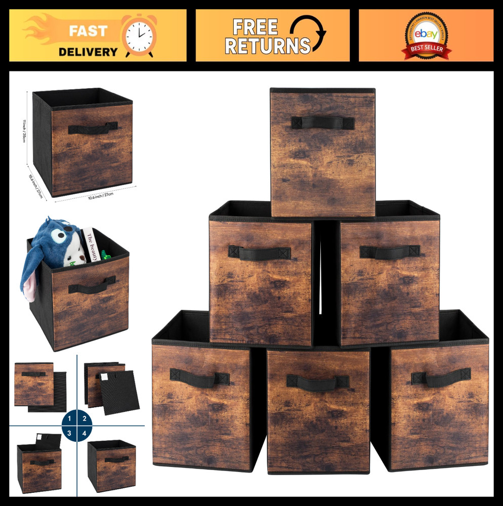11″ Fabric Storage Cubes 6-Pack, Foldable Bins with Handles, Closet Organizer, B