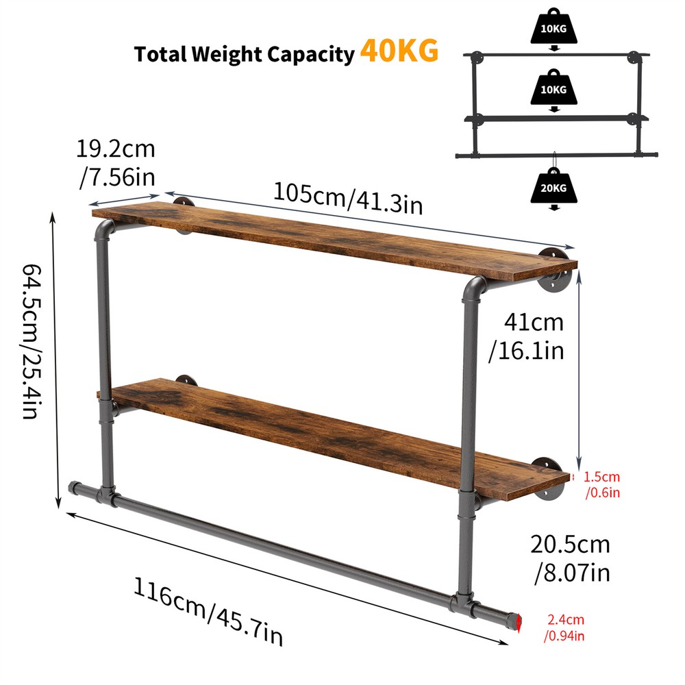 2 In 1 Industrial Pipe Clothes Rail Floating Wall Hanging Display Storage Shelf
