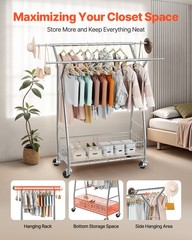 Uimoso Rolling Clothes Garment Rack 2 Hanging Rods & Storage Basket Extendable