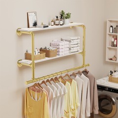 2 In 1 Industrial Pipe Clothes Rail Floating Wall Hanging Display Storage Shelf