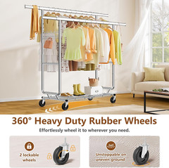 2-Minute Assembly Double Rod Clothes Rack, Heavy Duty Rolling Clothing Racks wit