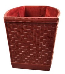 Woven Faux Leather and Wood Basket With Handle – Rectangular Design Deep Red Col