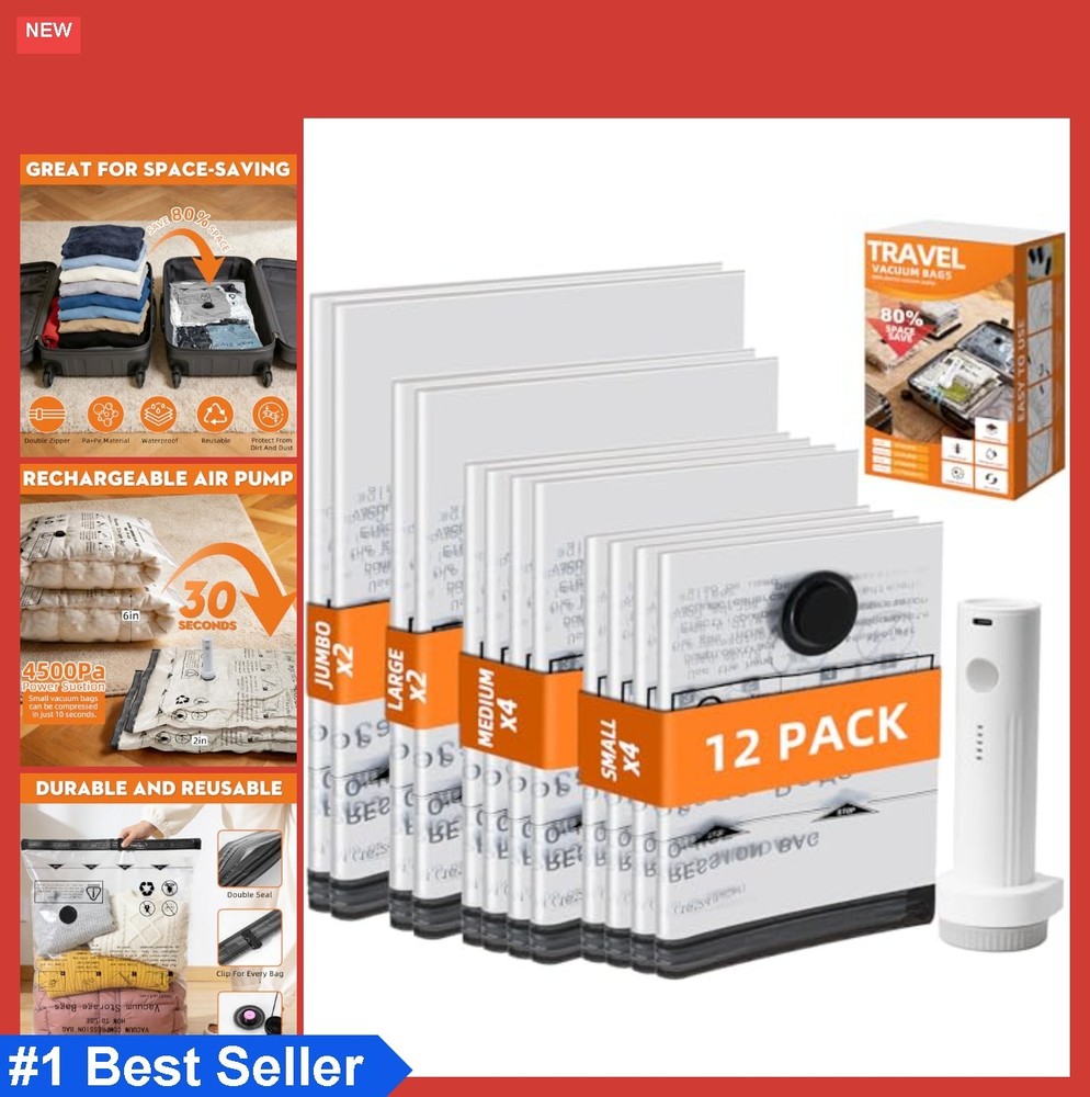 12 Pack Vacuum Travel Bags With Pump for Clothes 4 Small 4 Medium 2 Large 2
