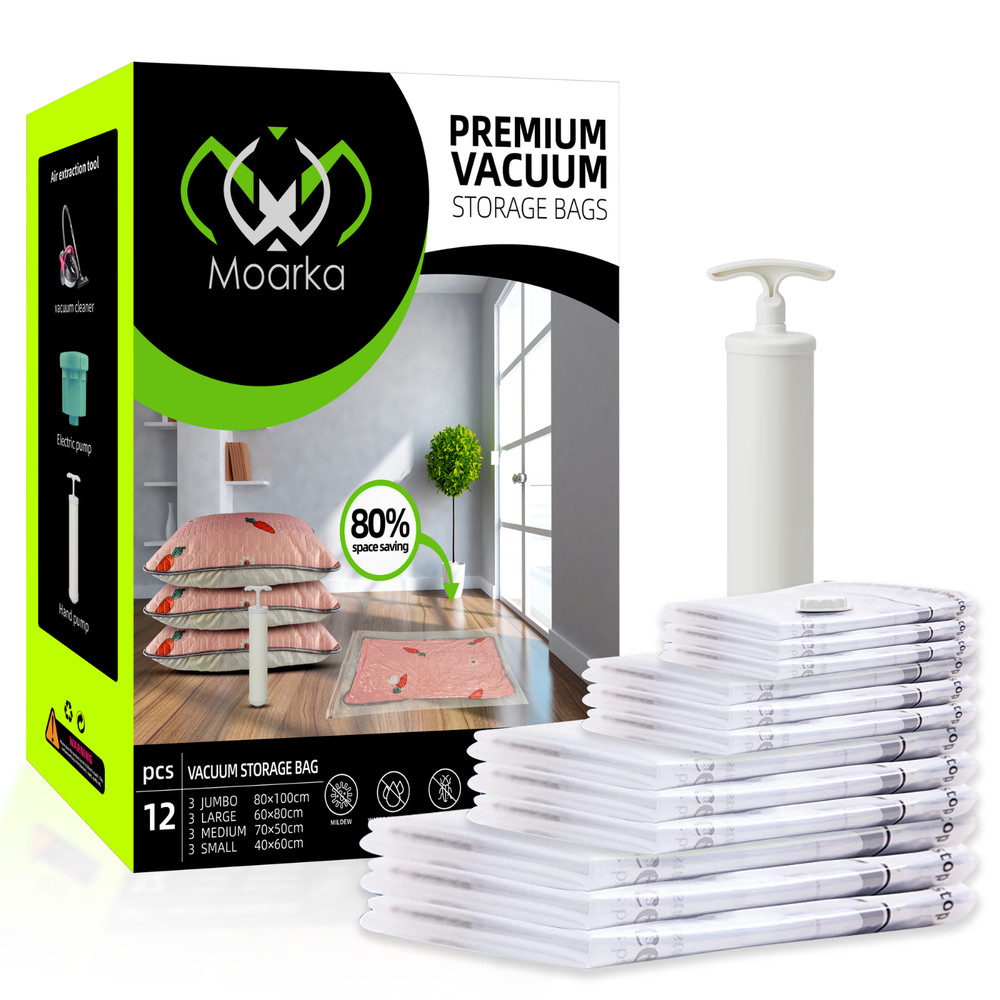 Vacuum Storage Bags – Space Saver for Clothes & Travel with Hand Pump – 12 Pack