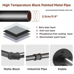 2pcs Wall Mount Pipe Clothes Rack Heavy Duty Black Garment Hanging Bar 4pcs Hook