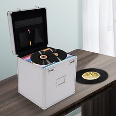 Tabletop Record Vinyl Carry Case Storage Box Locking with 50 Vinyl Record Silver