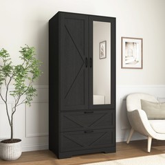 Farmhouse Wooden Closet Organizer Mirror Wardrobe with Drawers and Hanging Rods