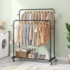 Double Rods Garment Rack with Wheels, Clothing Rack for Hanging Clothes,4 Hoo…