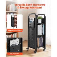Rolling Library Book Cart, 220 lbs, Single Sided Shelves with Lockable Wheels
