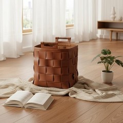 Woven Leather Basket Minimalist Aesthetic Handmade Woven Hamper for Living Room