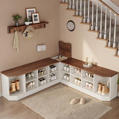 L-Shaped Shoe Rack with Bench & Hooks, Corner Storage for Entryway, White/Walnut