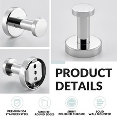 2 PCS Polished Chrome Bathroom Towel Hooks 304 Stainless Steel Round Robe