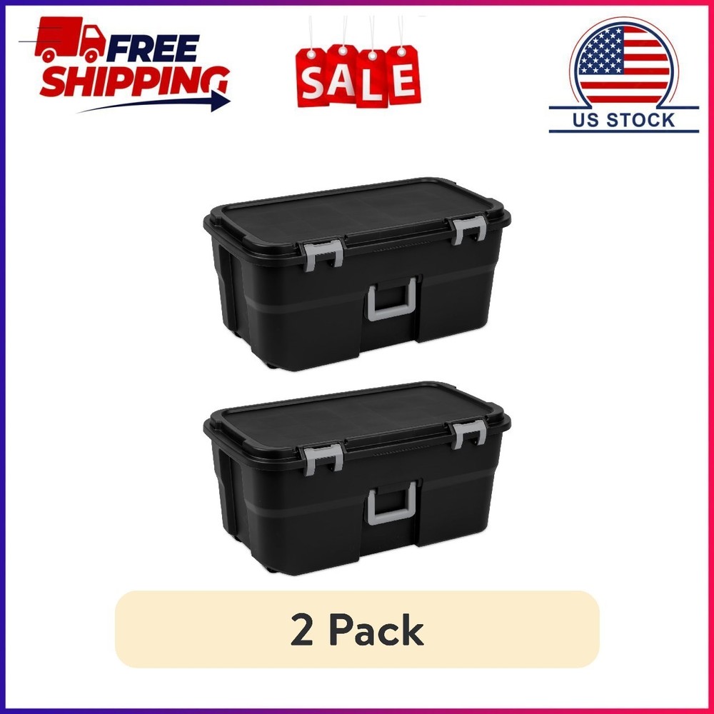 (2 pack) Sterilite 22 Gallon Large Wheeled Footlocker, Heavy Duty Plastic Storag
