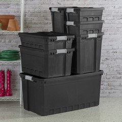 50 Gallon Stacker Tote, Extra Large Durable Plastic Bin Latch Lid Black, 3 Count