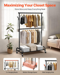 Clothes Rack, Rolling Clothing Garment Rack with Adjustable Crossbar and Side Ho