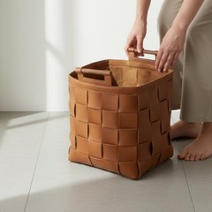 Woven Leather Basket Minimalist Aesthetic Handmade Woven Hamper for Living Room
