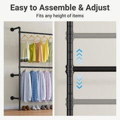 P2 Industrial Pipe Clothes Rack, Wall Mounted Open Closet System with 3 Hangi…