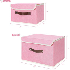 Small Lidded Storage Bin, Cotton Linen with Faux Leather Handle