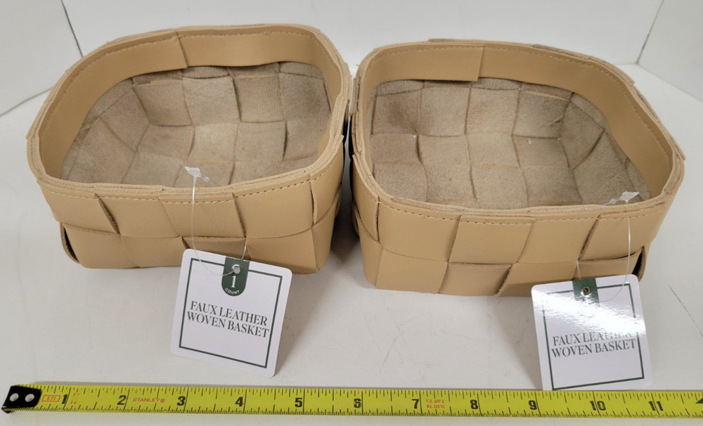 Set of 2 Small Faux Leather Woven Storage Baskets 5.5″ x 5.5″ x 3″