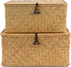 Set of 2 Natural Seagrass Storage Baskets with Lids for Home Organization