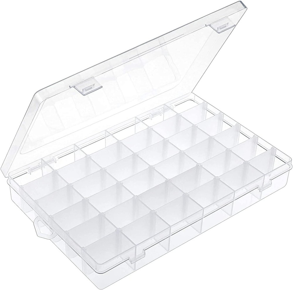 36 Grids Clear Plastic Organizer Box Storage Jewelry Box w/ Adjustable Dividers