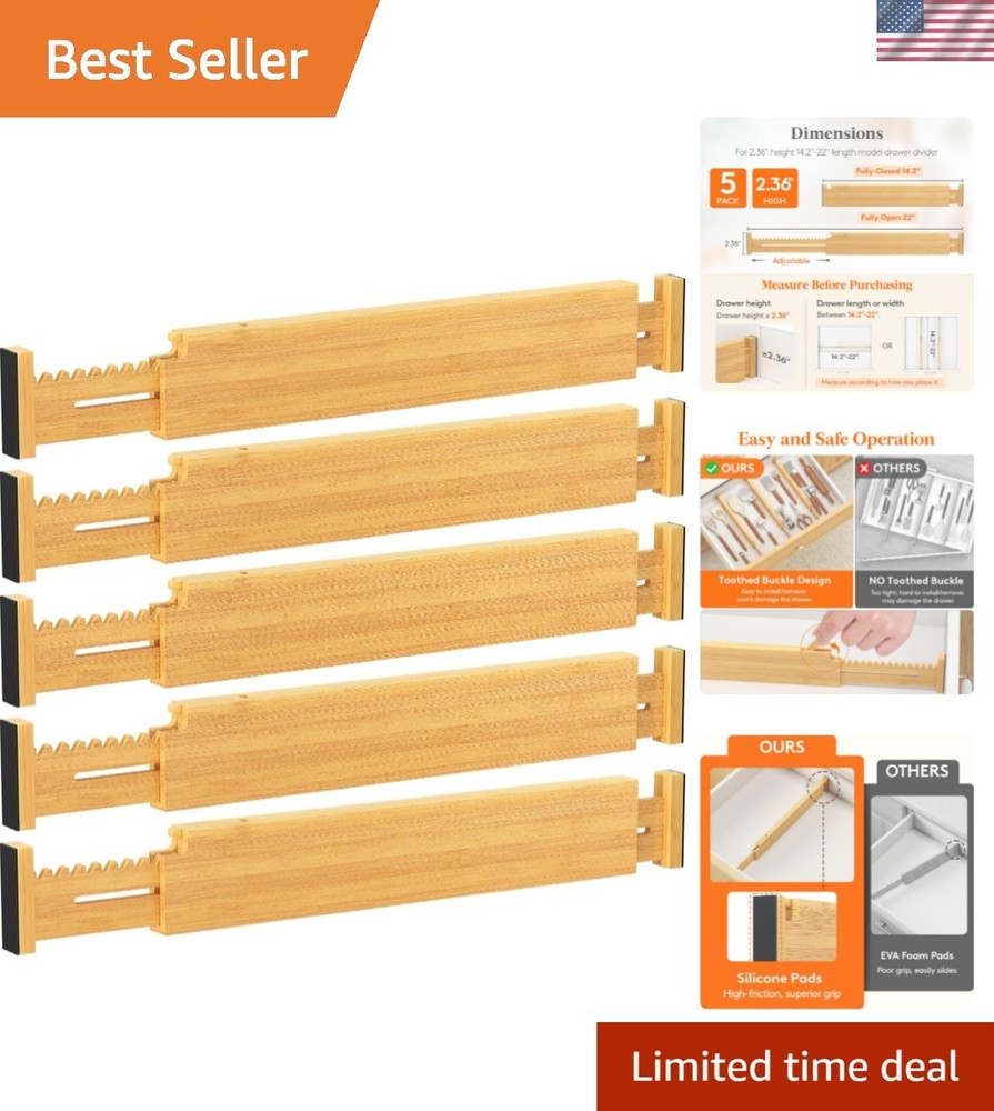 2.36″ High 5 Pack Bamboo Drawer Dividers, 14.2-22″ Expandable Kitchen Drawer …
