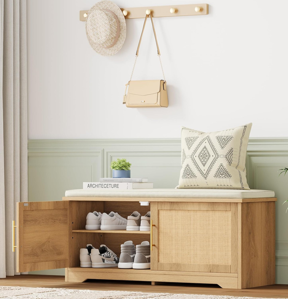 Rattan Shoe Storage Bench with Cushion, 39.4″ Wide Entryway Bench with Adjustabl